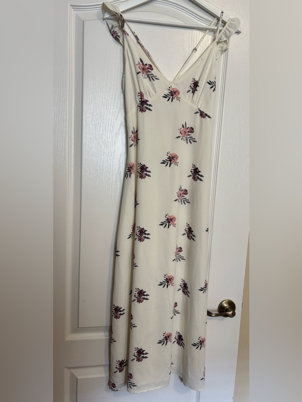 Cream Floral Slip Dress with Pink Rose Print - Picture 2 of 5